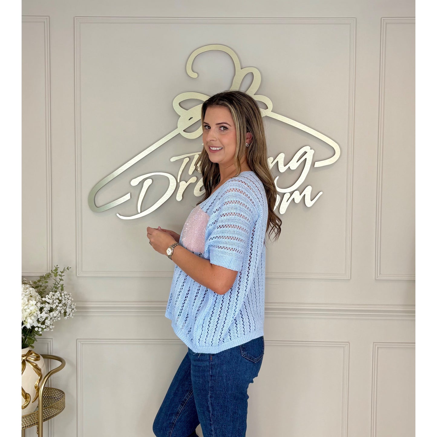Sequin Pocket Crochet Top in Blue