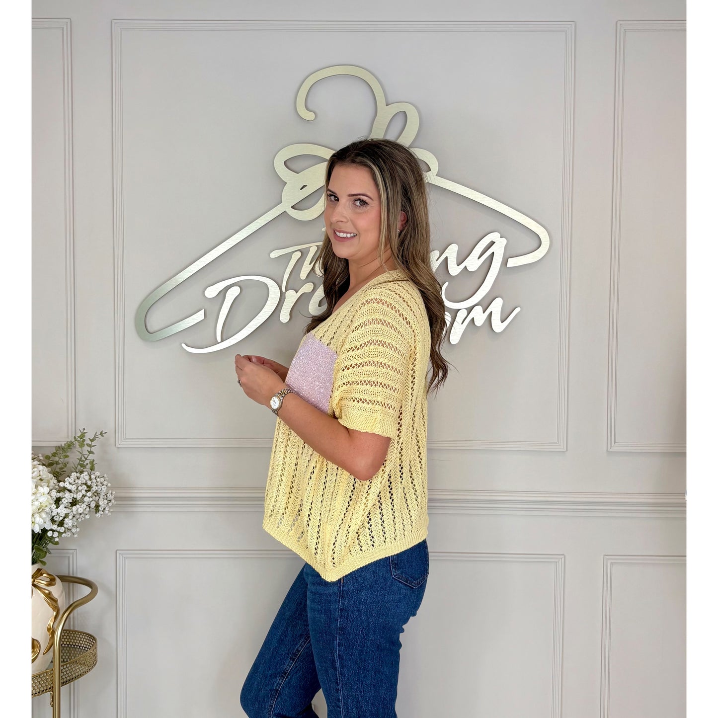 Sequin Pocket Crochet Top in Yellow