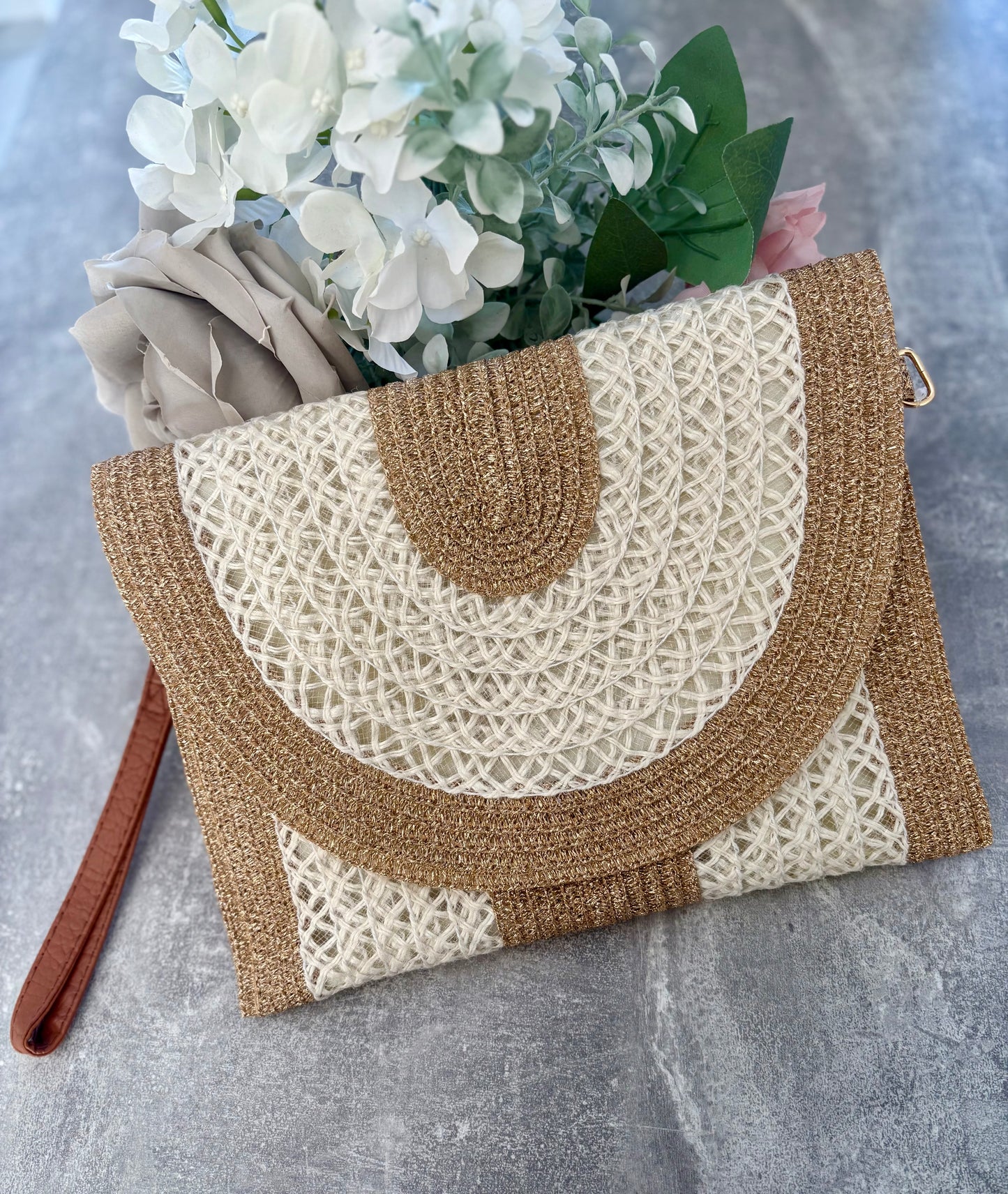 Cream Golden Fleck Woven Clutch Bag