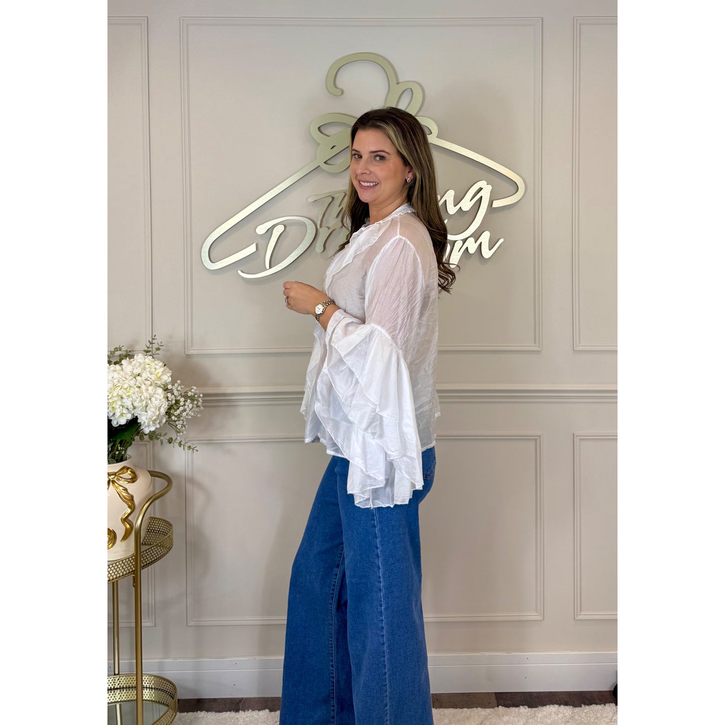 Bell Sleeve Ruffle Blouse in White