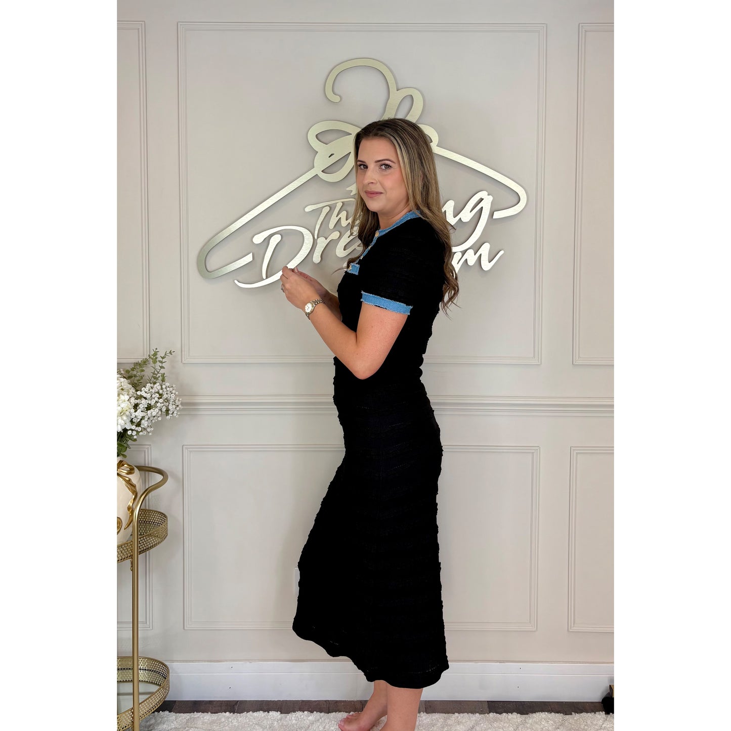 Denim Trim Midi Dress in Black