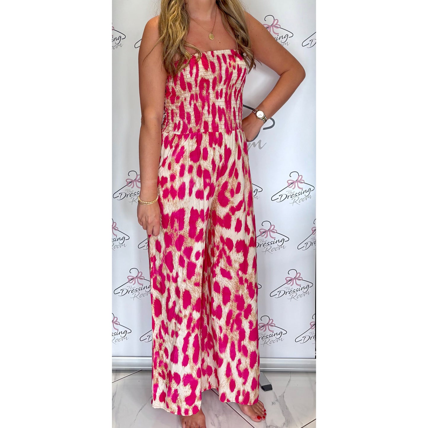 Leopard Print Strapless Jumpsuit in Pink