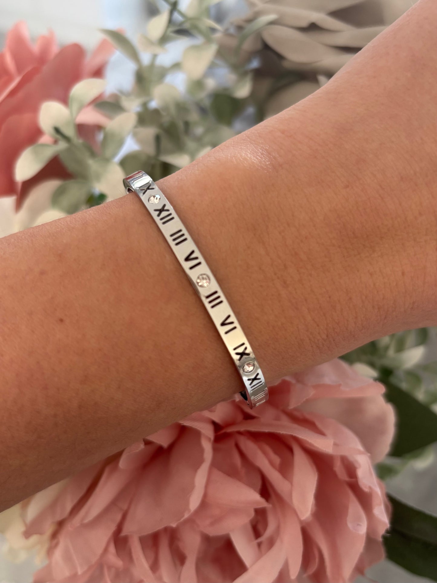 Roman Numerals Diamante Bangle in Silver