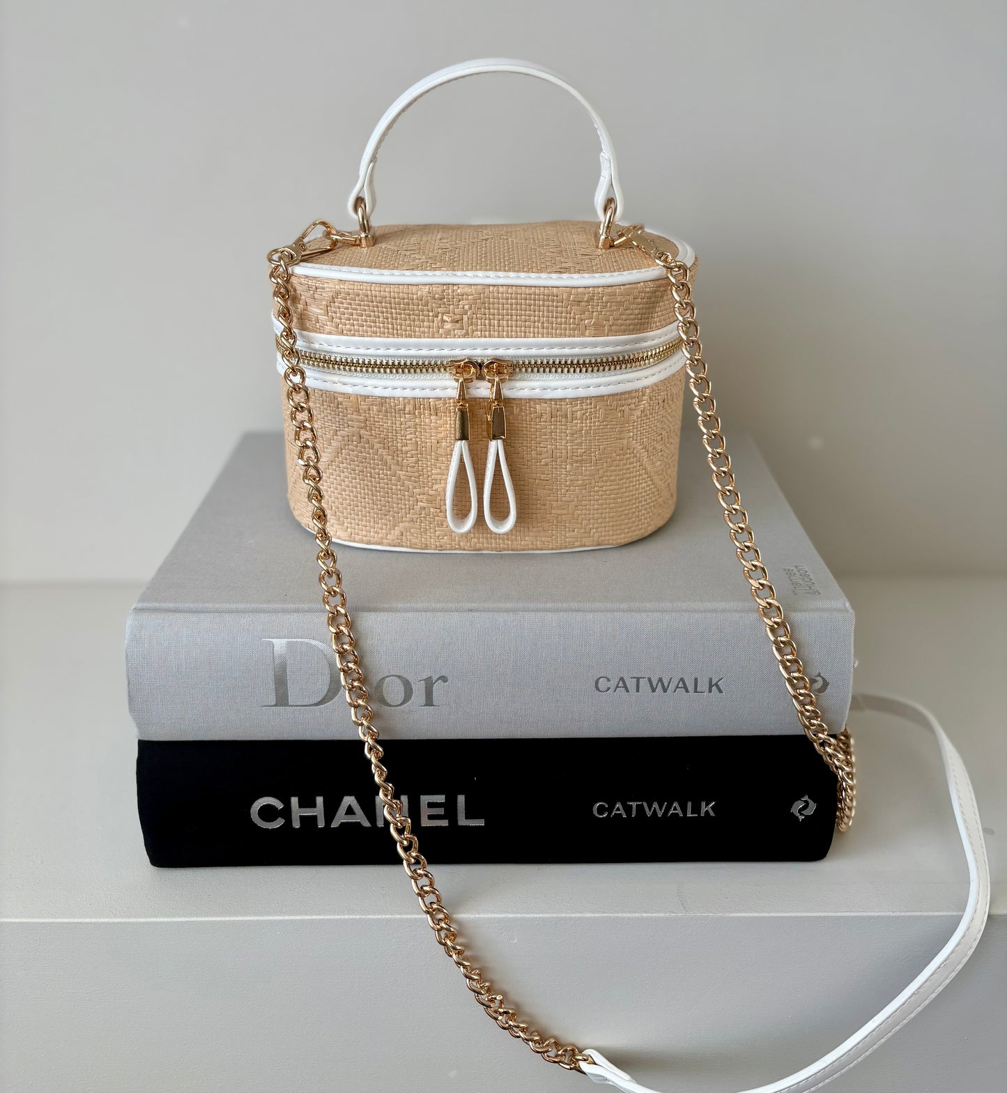 White Faux Leather Trim Straw Style Bucket Bag