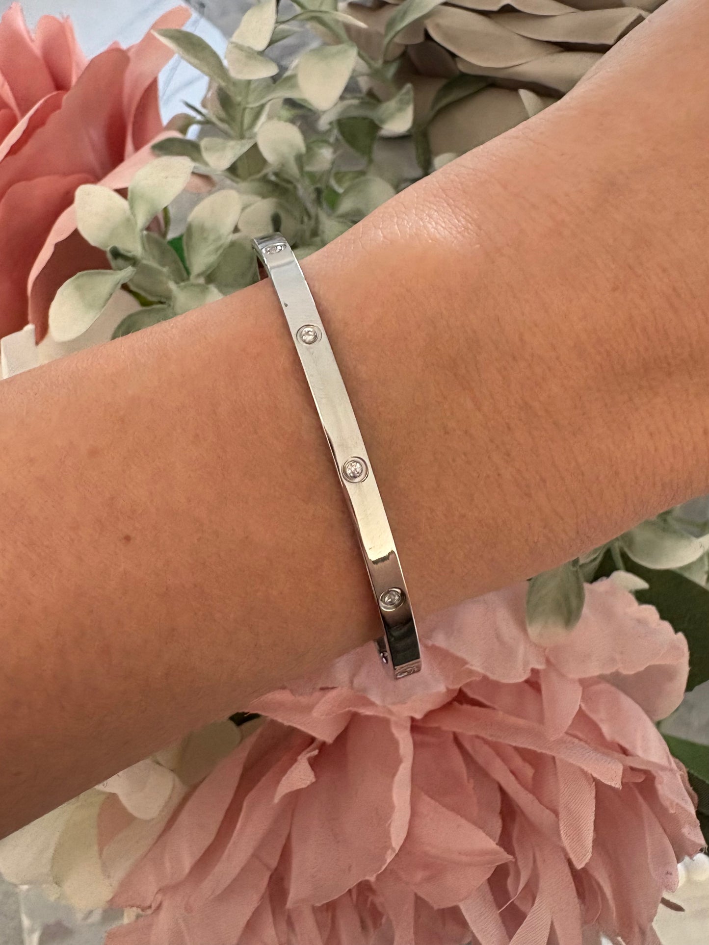 Thin Diamanté Studded Bangle in Silver