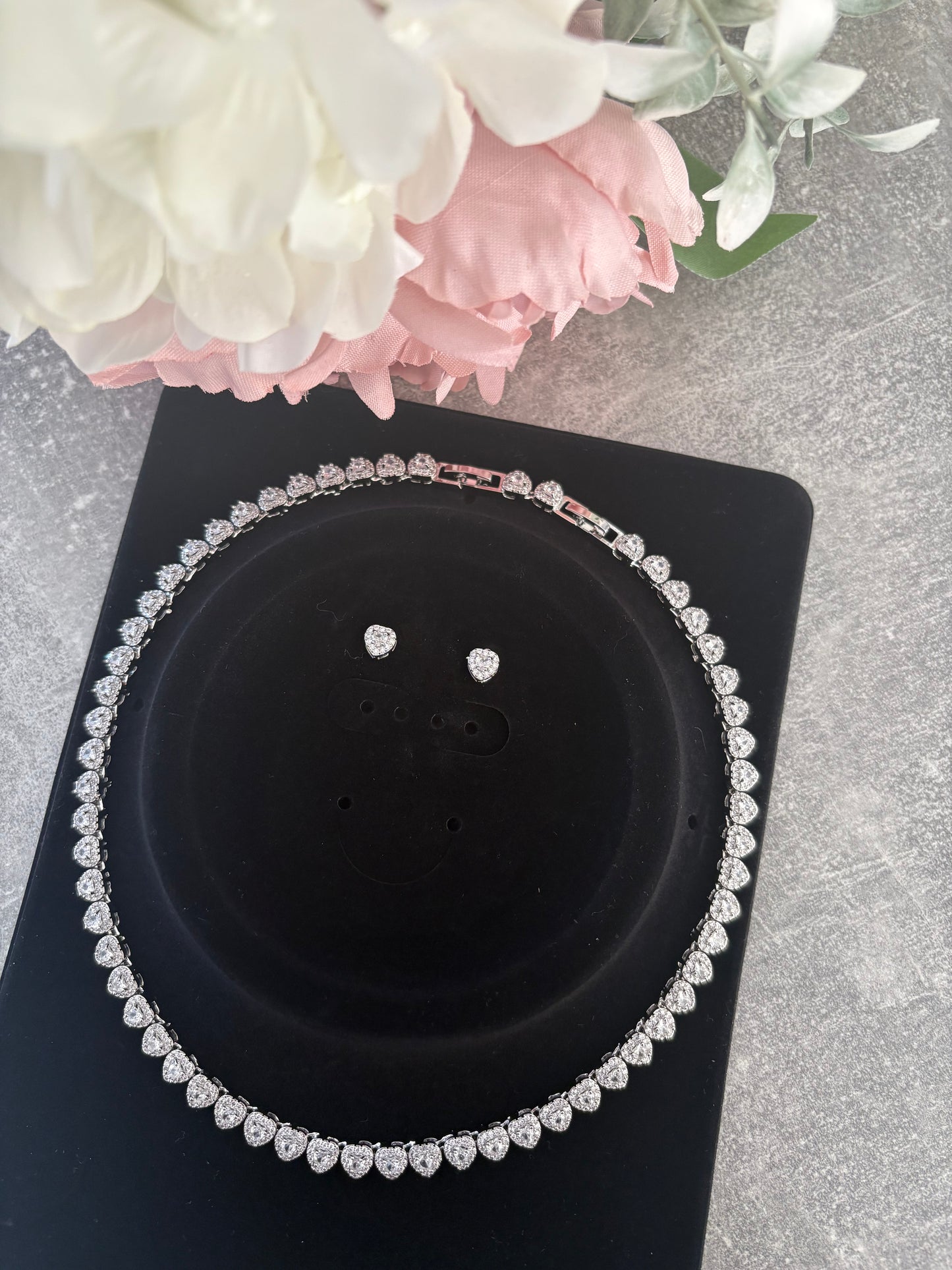 Diamanté Heart Gem Tennis Necklace and Earrings Set in Silver