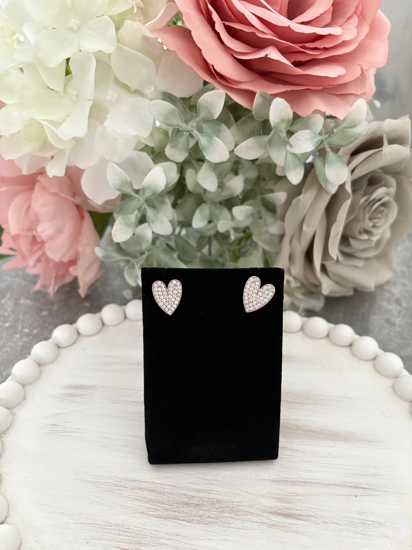 Diamanté Heart Stud Earrings in Silver