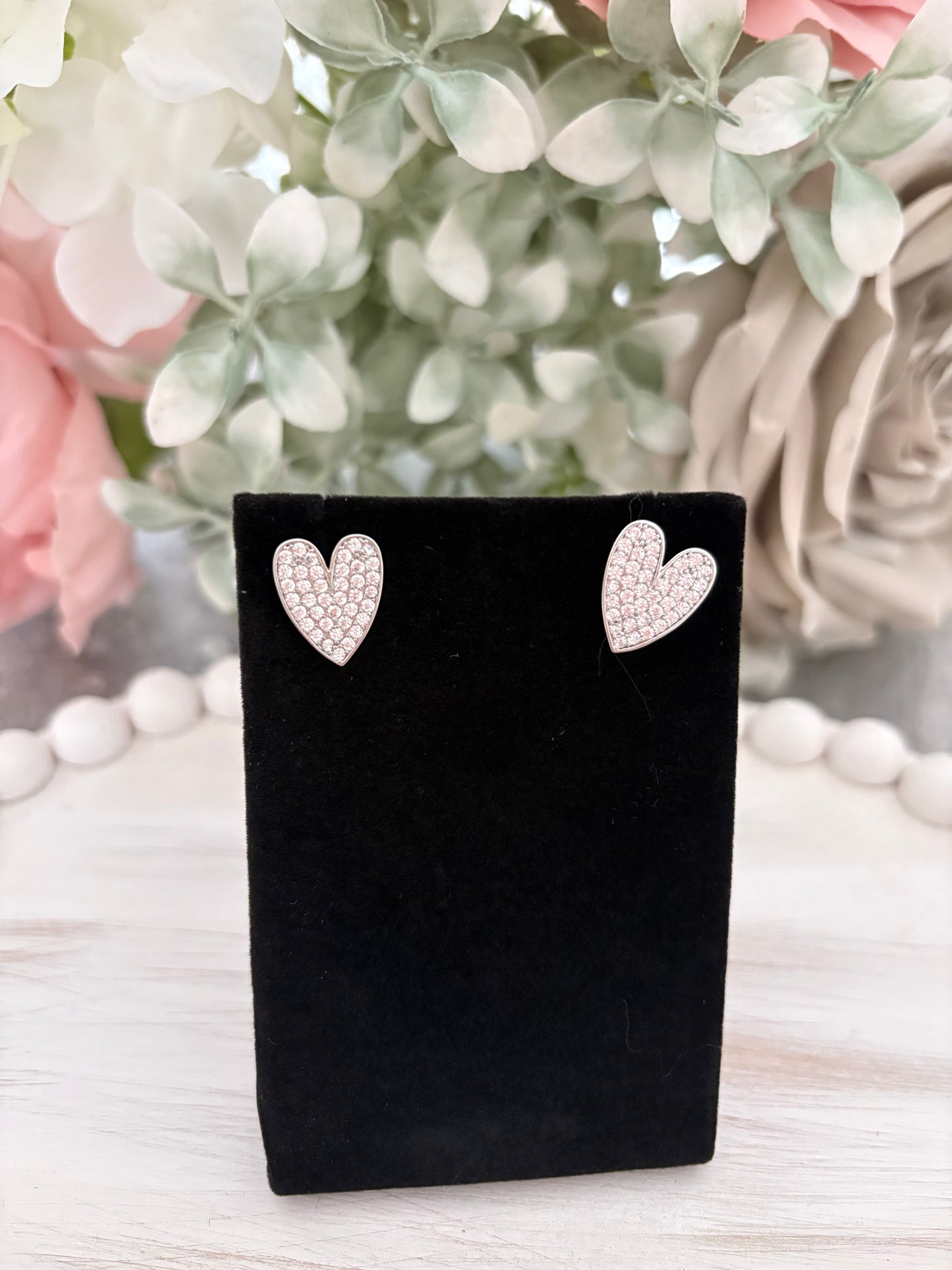 Diamanté Heart Stud Earrings in Silver