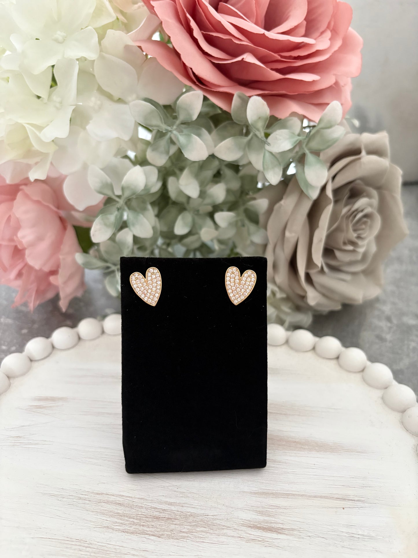 Diamanté Heart Stud Earrings in Gold