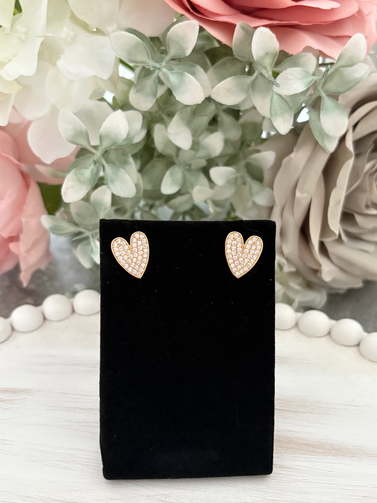 Diamanté Heart Stud Earrings in Gold