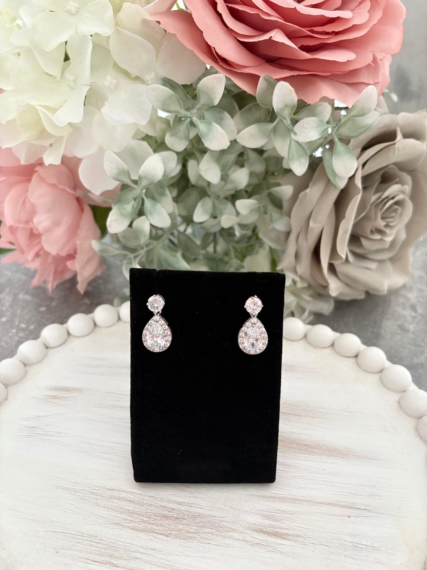 Pear Diamanté Drop Stud Earrings in Silver