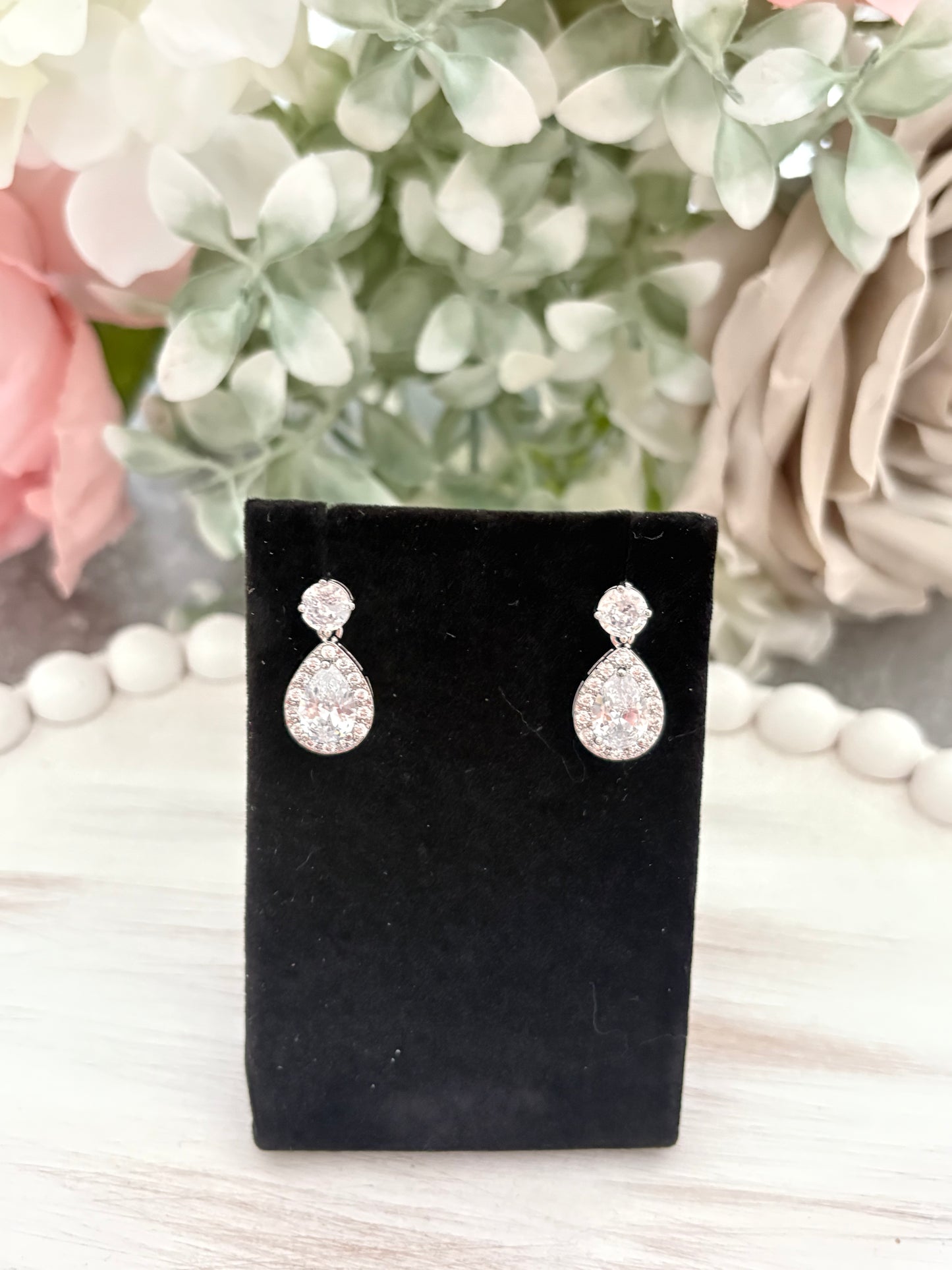 Pear Diamanté Drop Stud Earrings in Silver