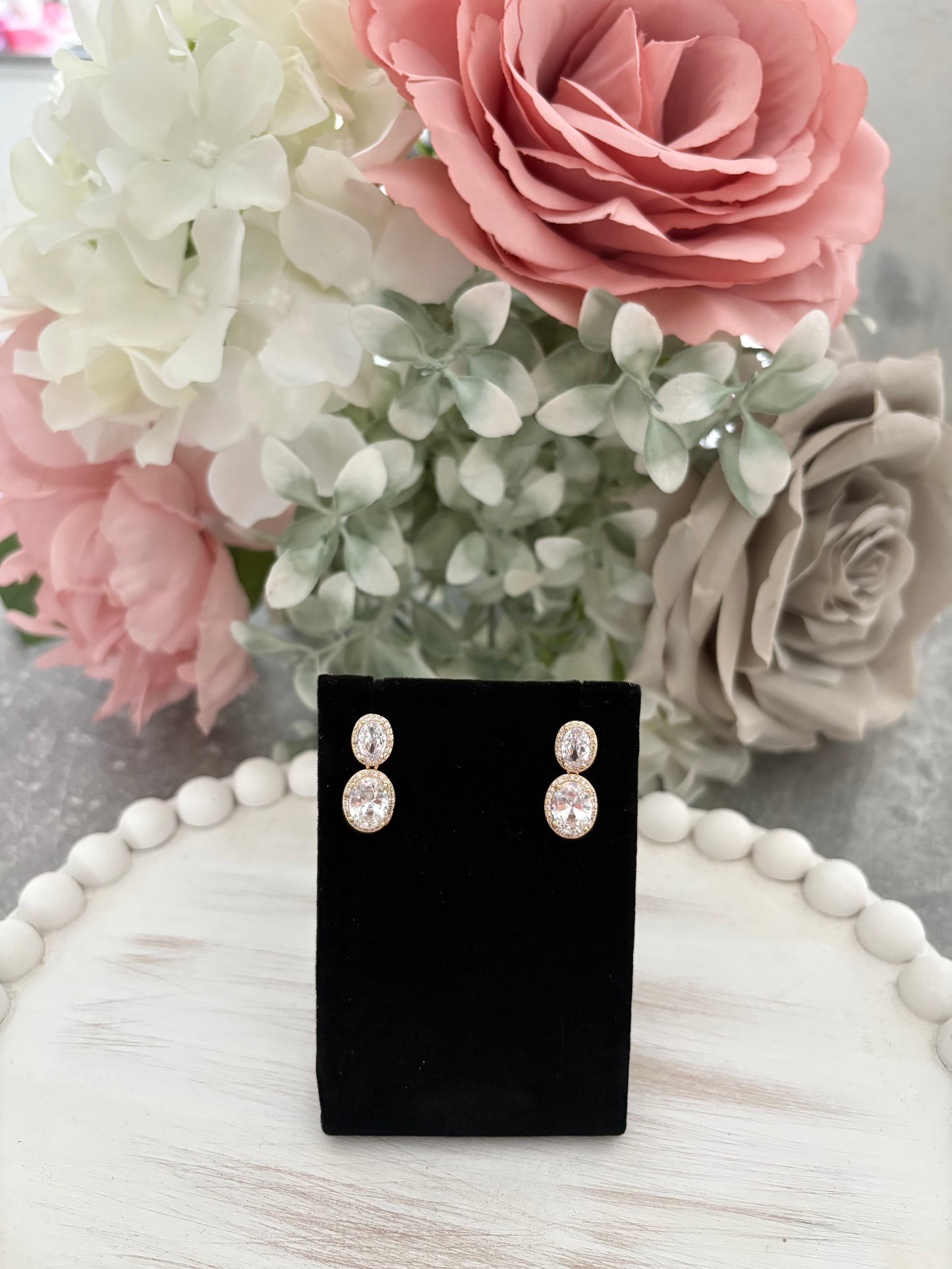 Oval Diamanté Drop Stud Earrings in Gold