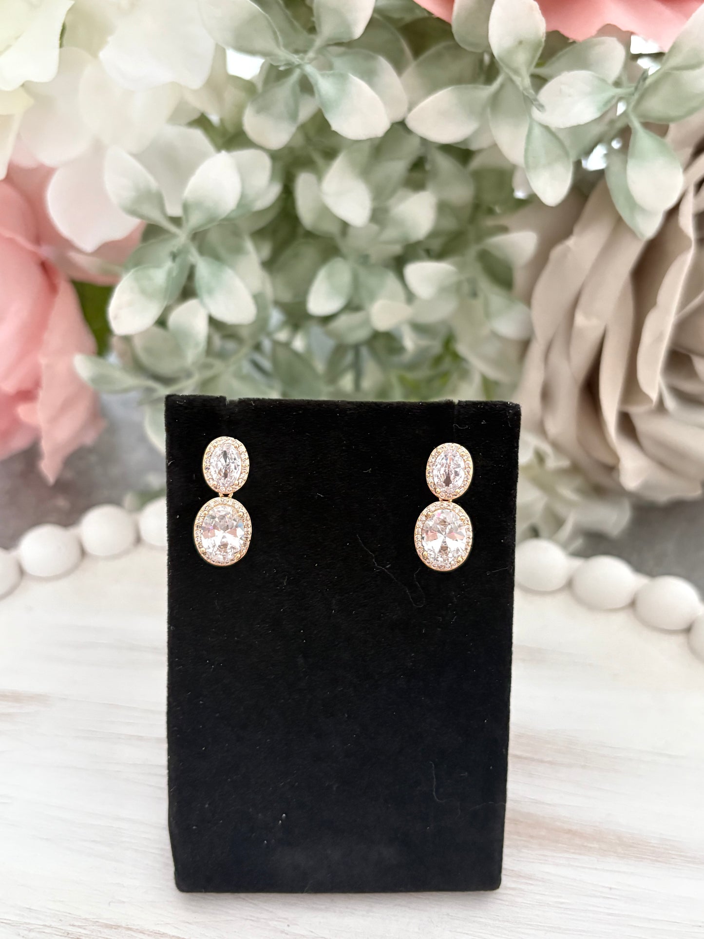 Oval Diamanté Drop Stud Earrings in Gold