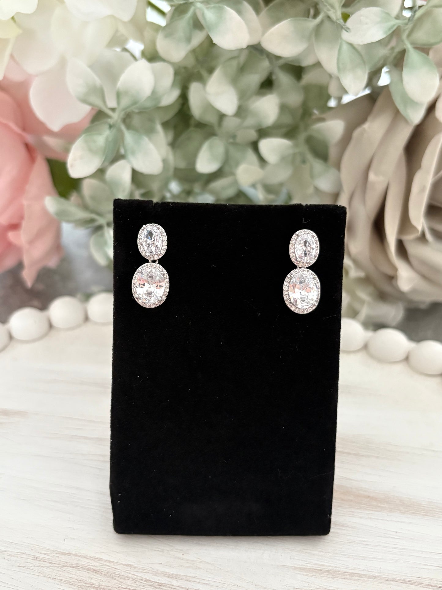 Oval Diamanté Drop Stud Earrings in Silver