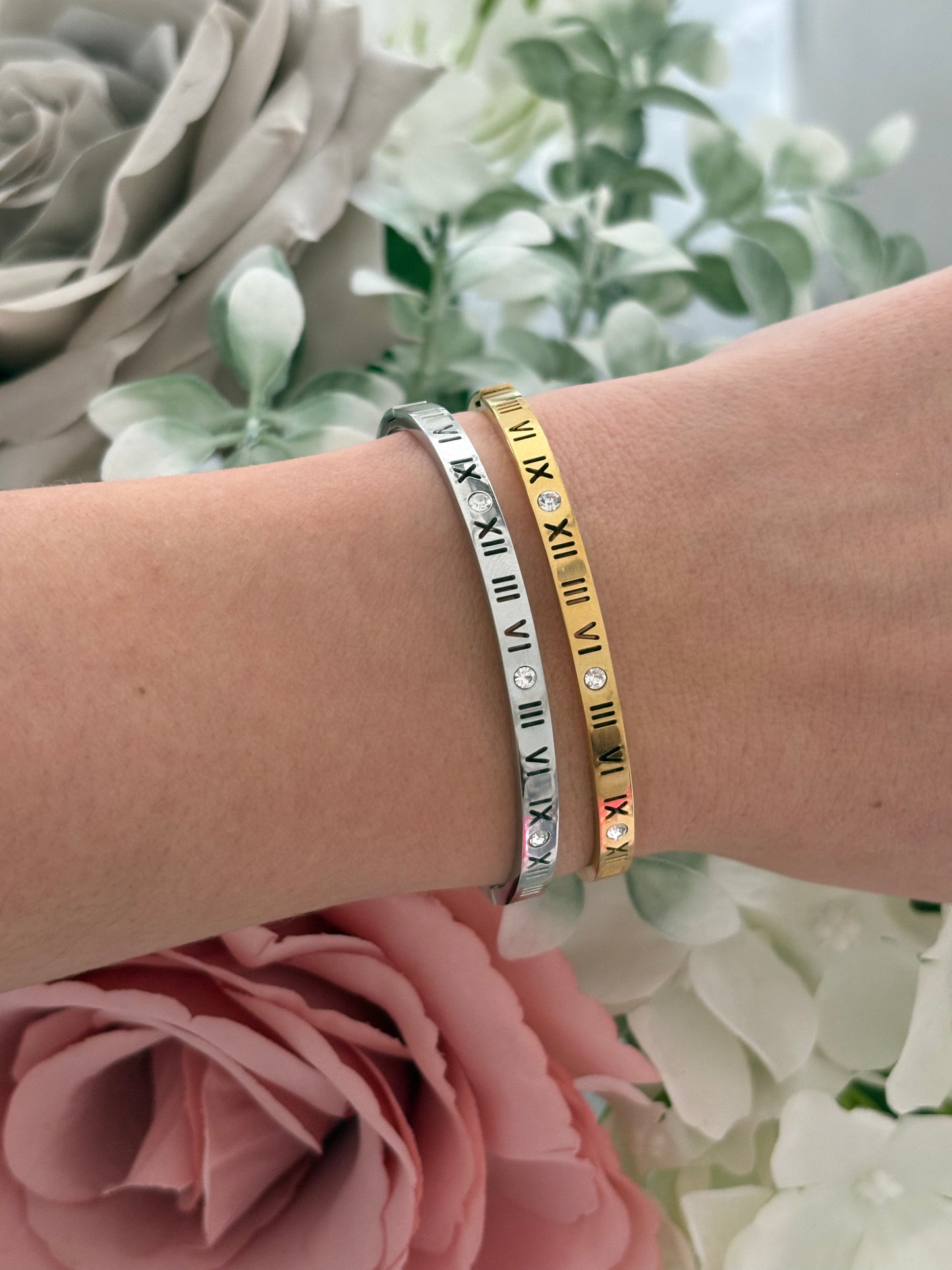 Roman Numerals Diamante Bangle in Gold