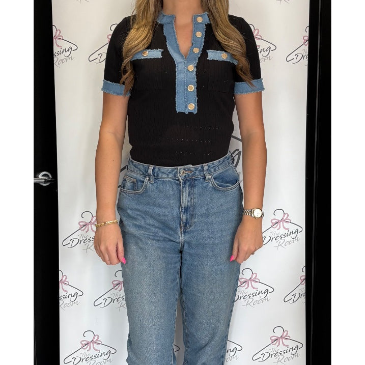 Black Denim Trim Fine Knit Top