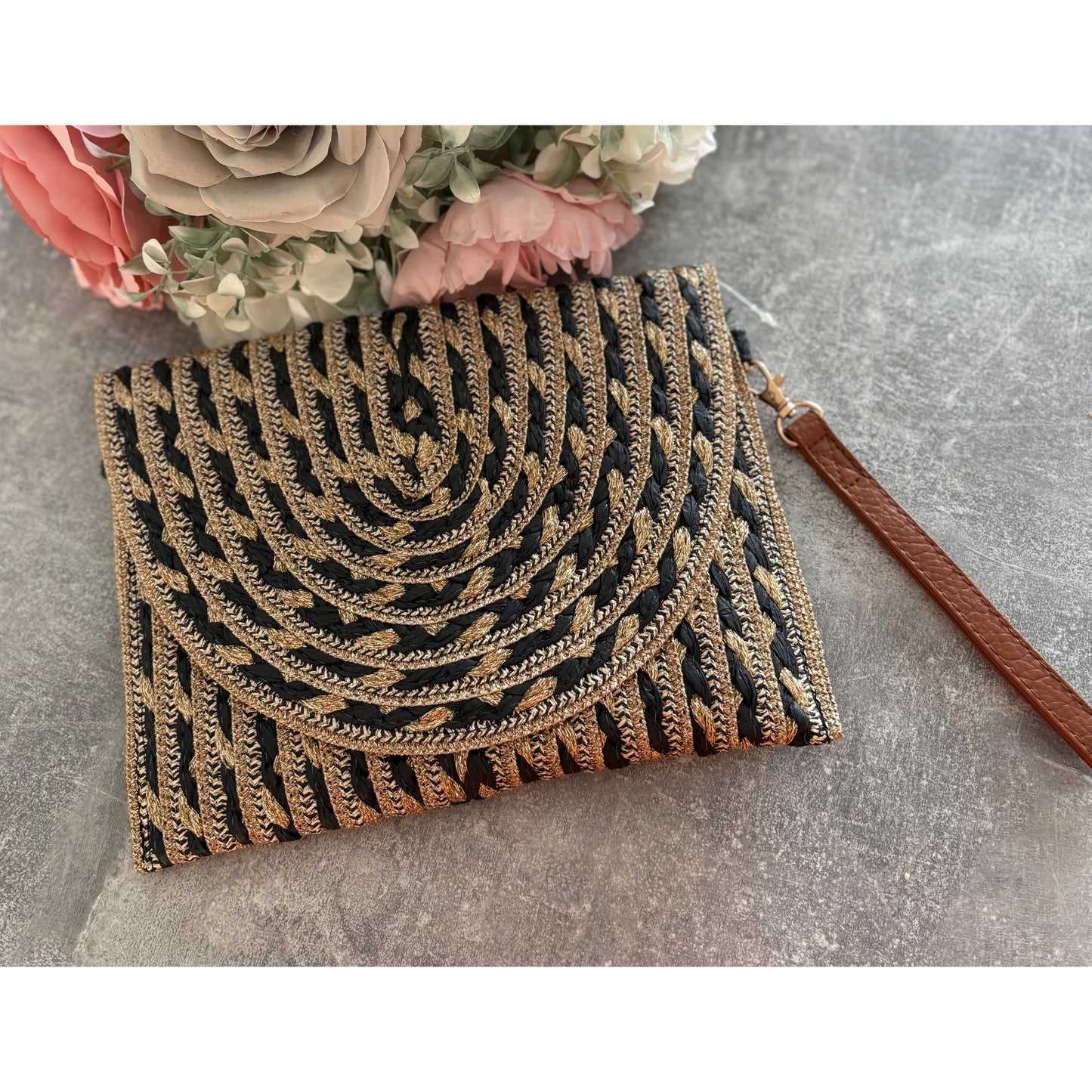 Black and Gold Woven Clutch Bag