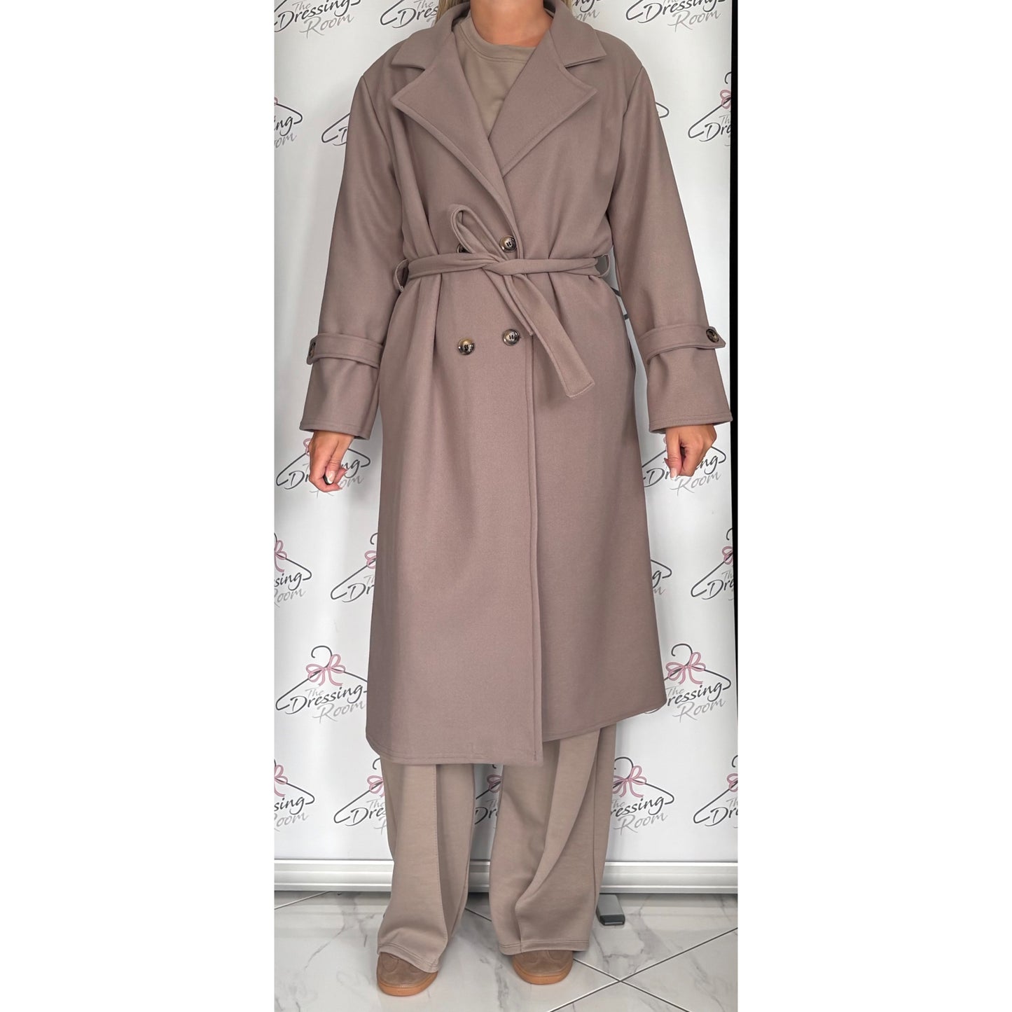 Double Breasted Belted Coat in Taupe