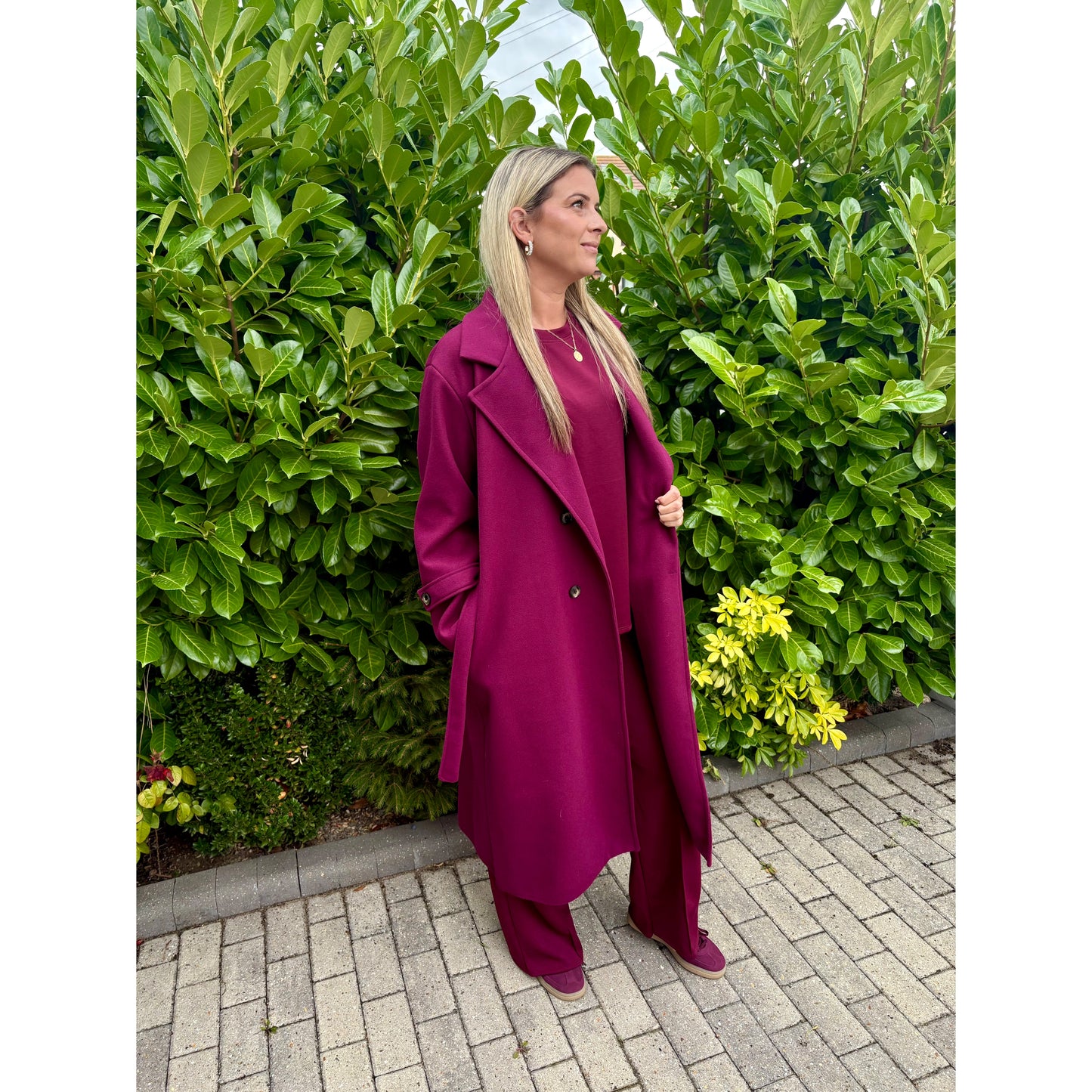 Double Breasted Belted Coat in Dark Cherry
