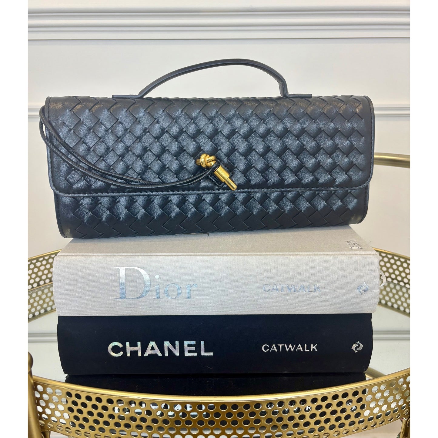 Woven Rectangle Gold Rod Fasten Clutch Bag in Black