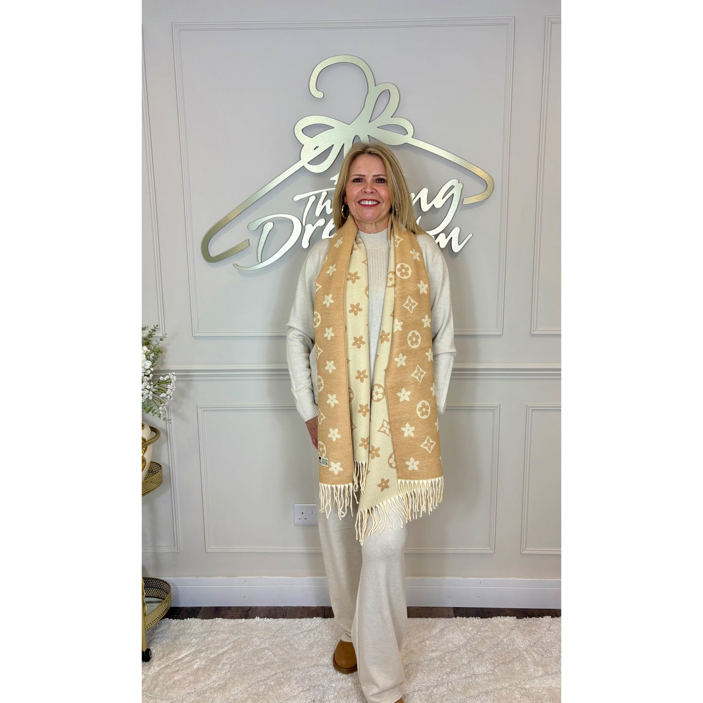 Designer Inspired Scarf in Cream and Camel