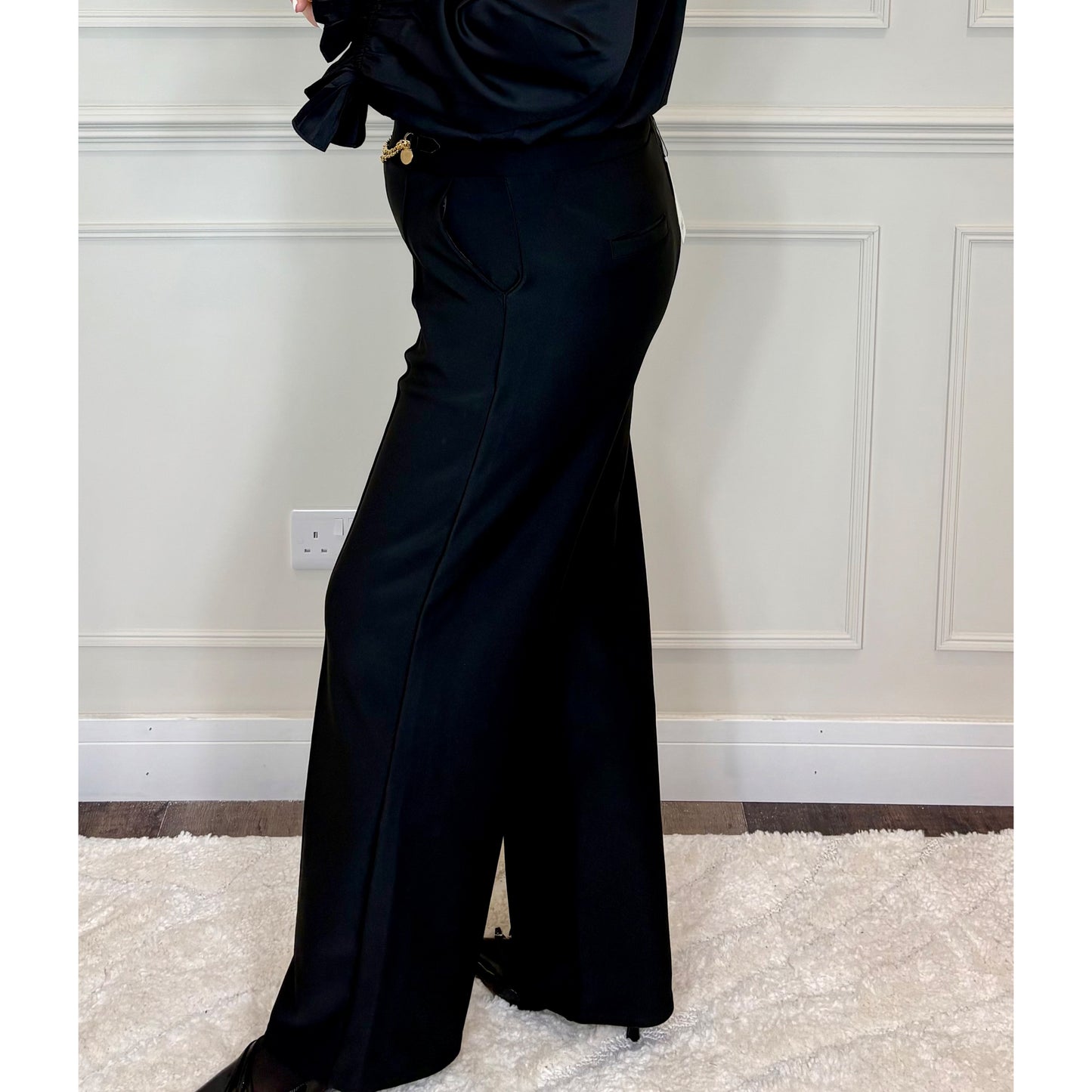 Straight Leg Trousers with Gold Chain Belt Detail in Black