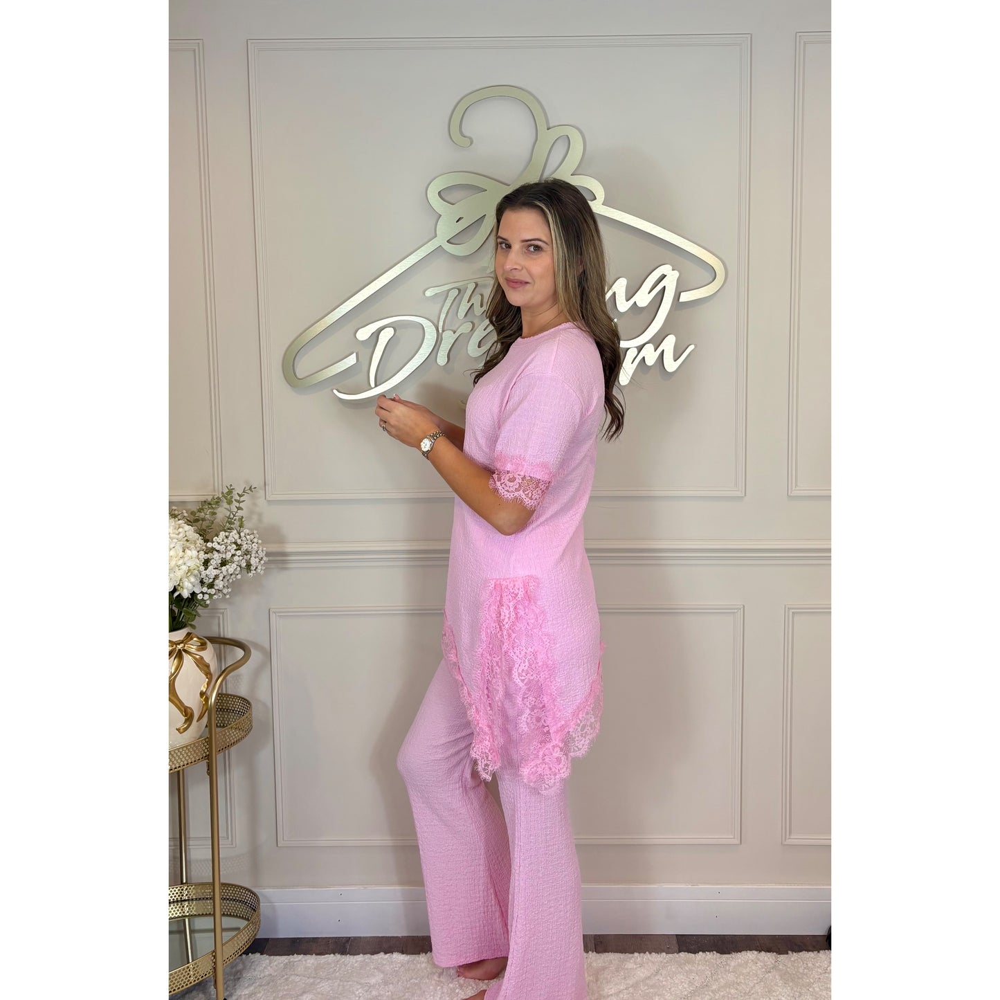 Asymmetric Lace Co-Ord in Pink