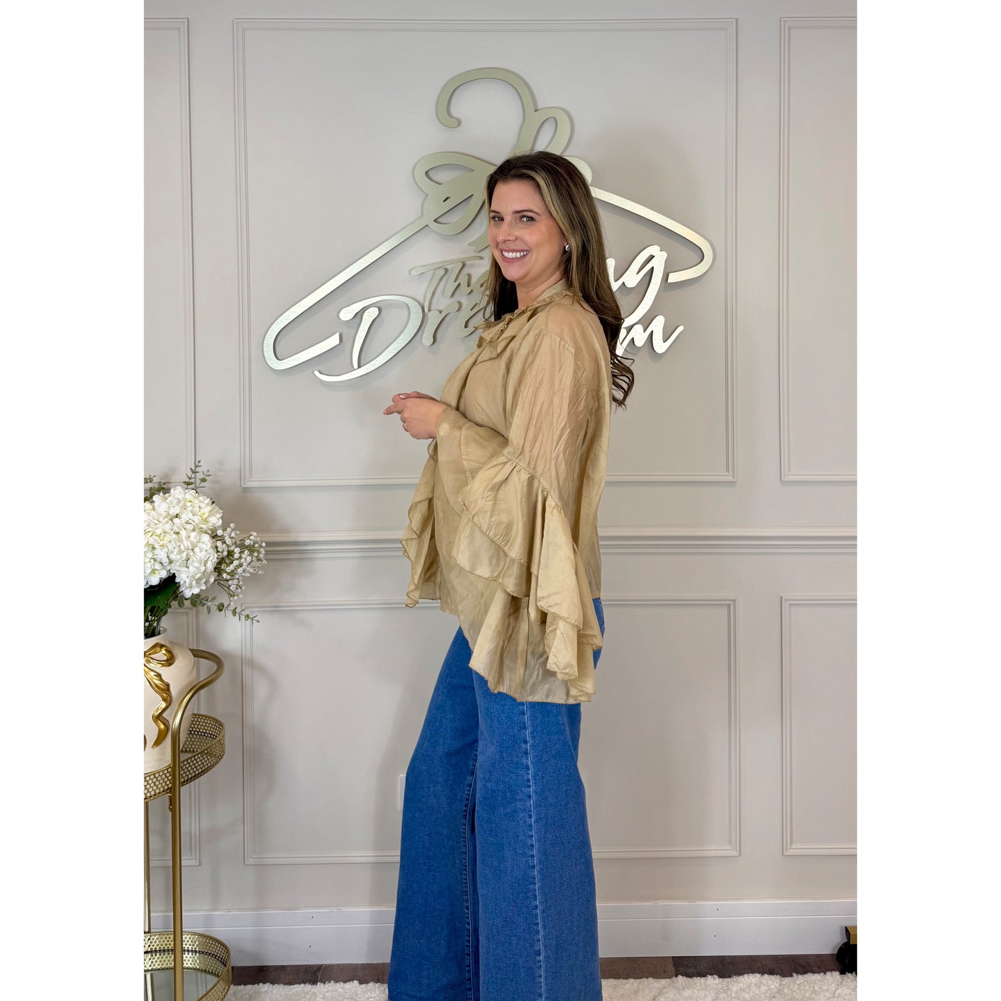 Bell Sleeve Ruffle Blouse in Gold