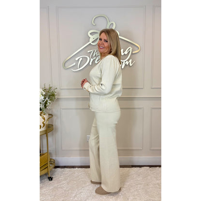 Gold Button Detail Knitted Loungesuit in Cream