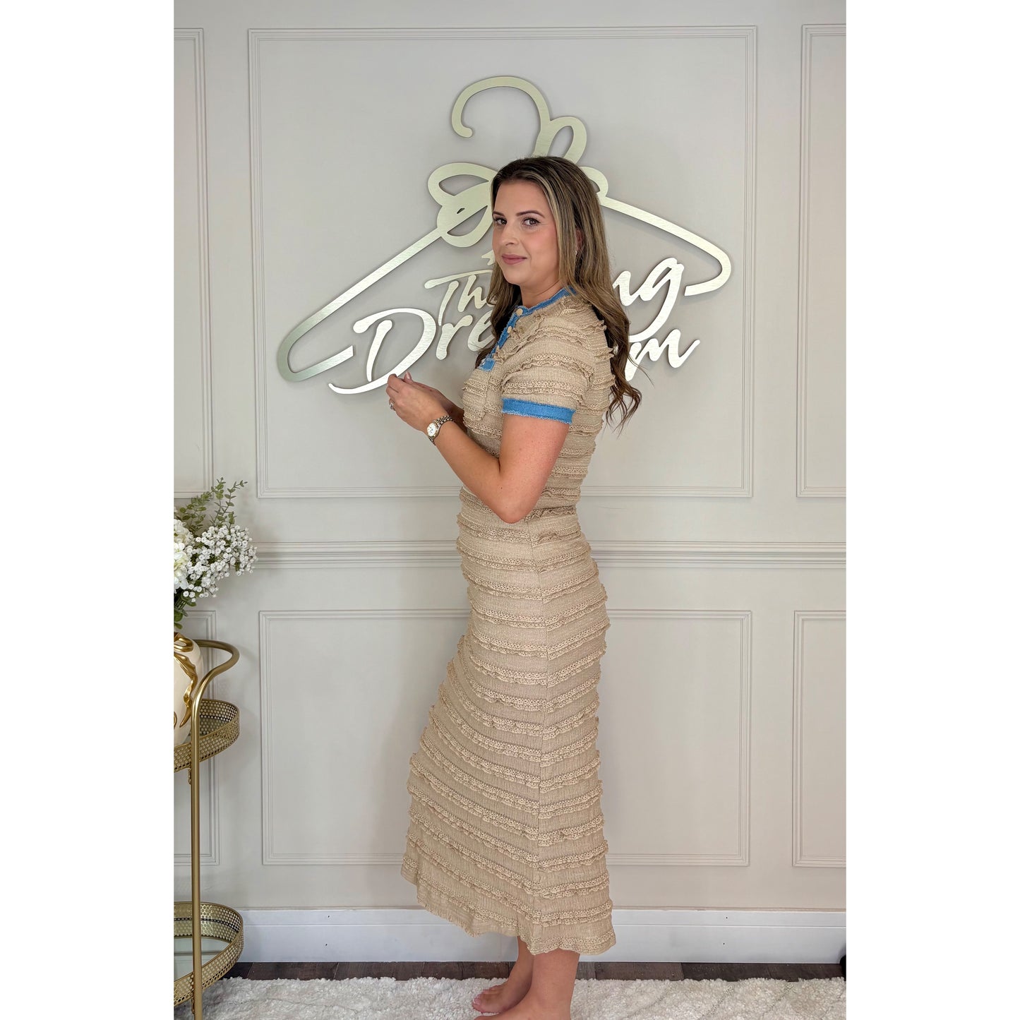 Denim Trim Midi Dress in Beige