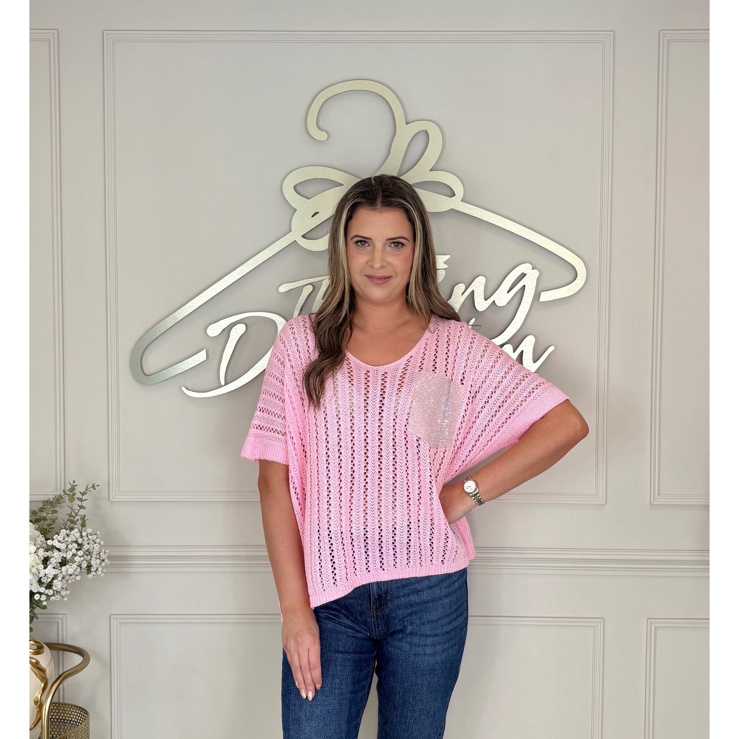 Sequin Pocket Crochet Top in Pink
