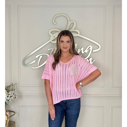 Sequin Pocket Crochet Top in Pink