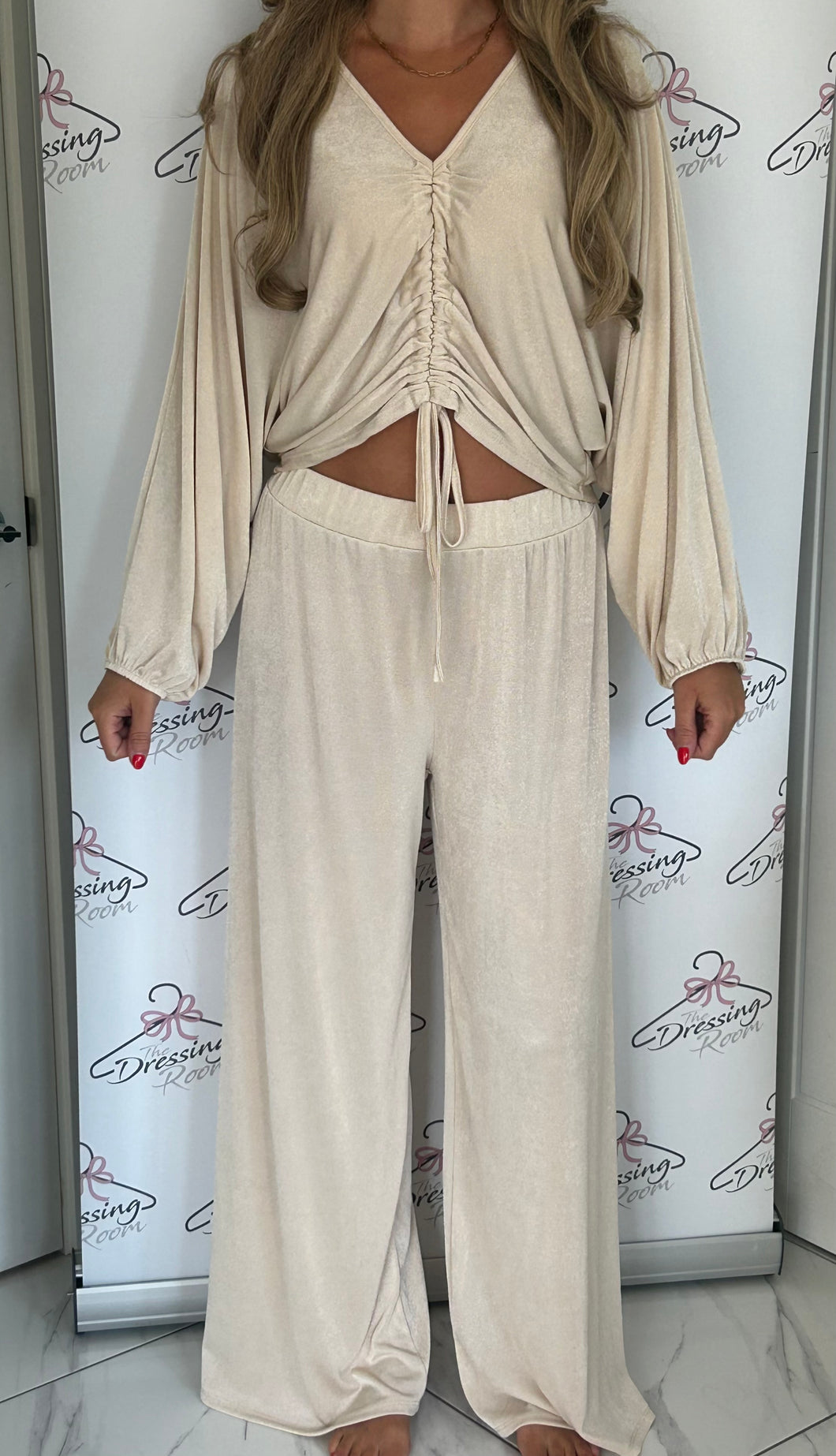 Ruched Front Top and Trouser Co-Ord in Cream