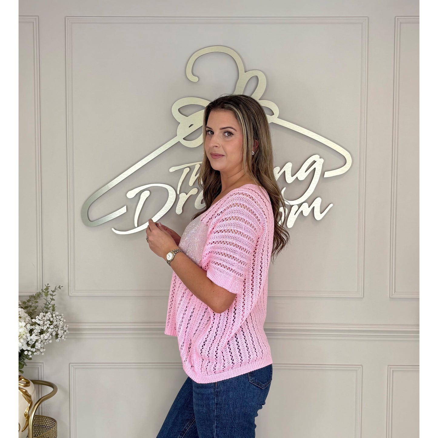 Sequin Pocket Crochet Top in Pink