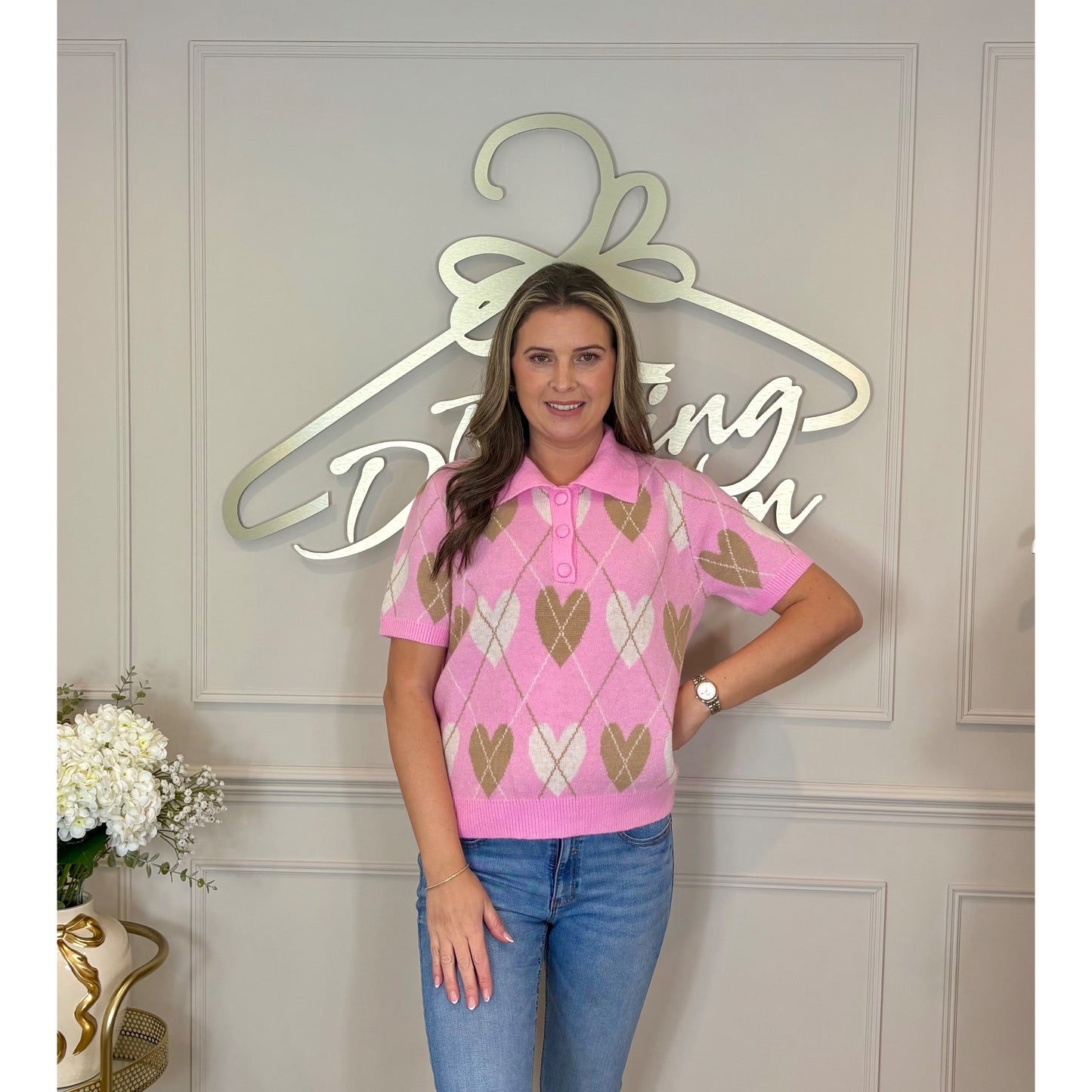 Short Sleeve Argyle Heart Polo Jumper in Pink