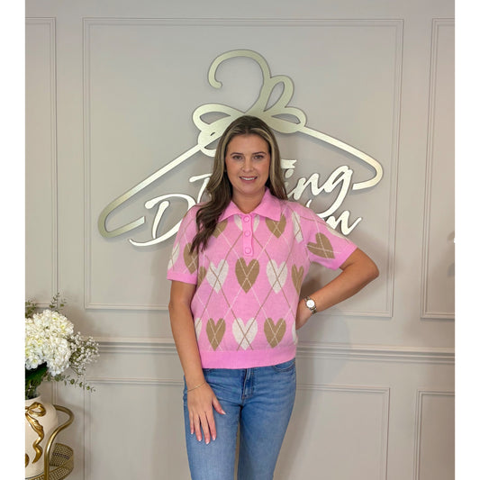 Short Sleeve Argyle Heart Polo Jumper in Pink