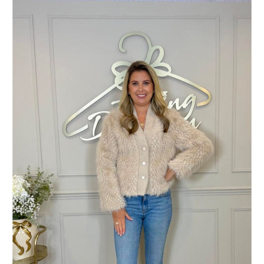 Fur Cardigan with Pearlised Buttons in Cream