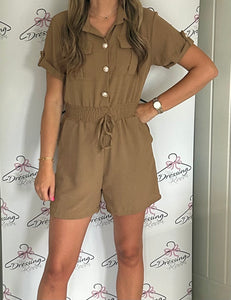 Gold Button Playsuit in Camel