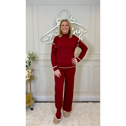 Knitted Loungesuit with Piping Detail in Red