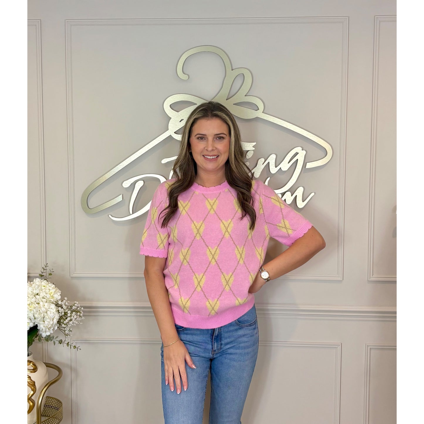 Scalloped Short Sleeve Heart Jumper in Pink