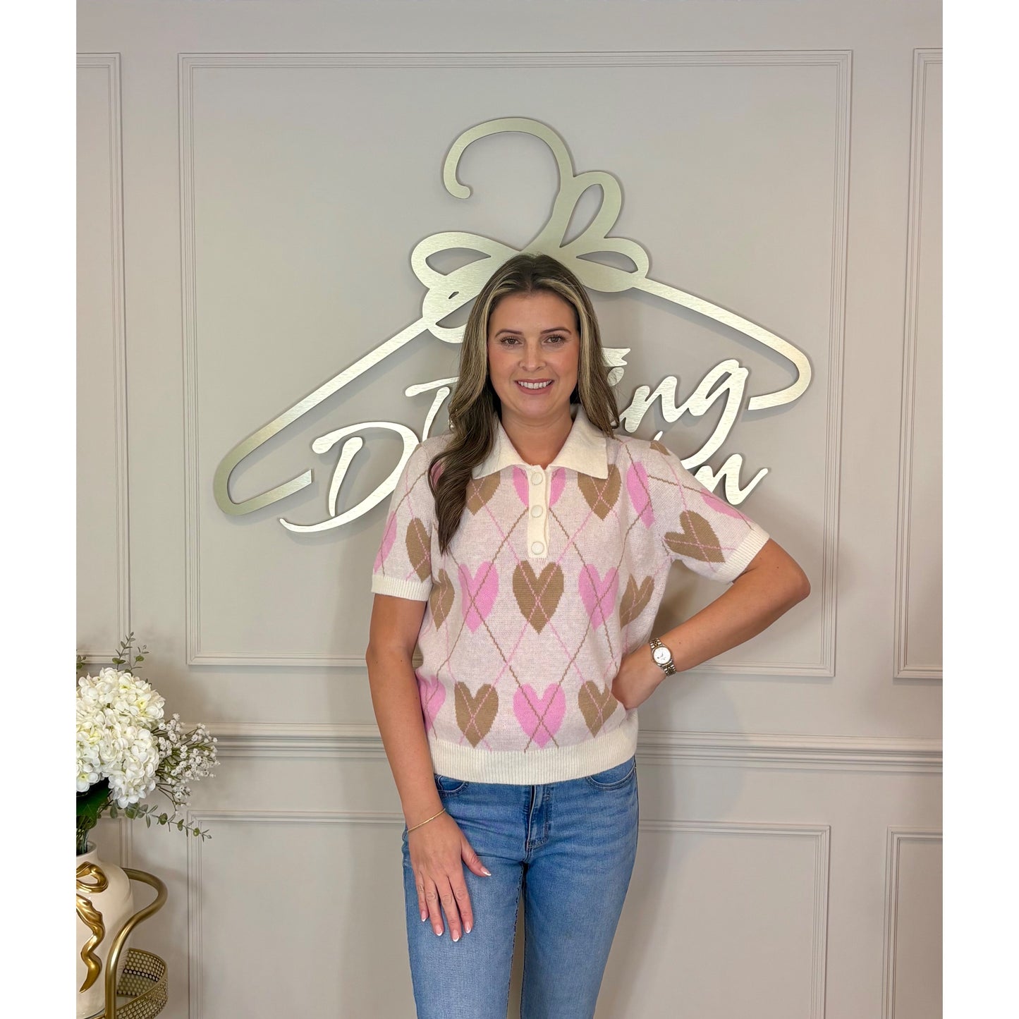 Short Sleeve Argyle Heart Polo Jumper in White