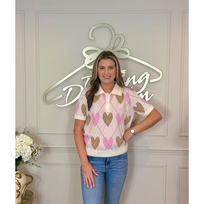 Short Sleeve Argyle Heart Polo Jumper in White