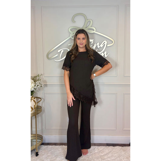 Asymmetric Lace Co-Ord in Brown