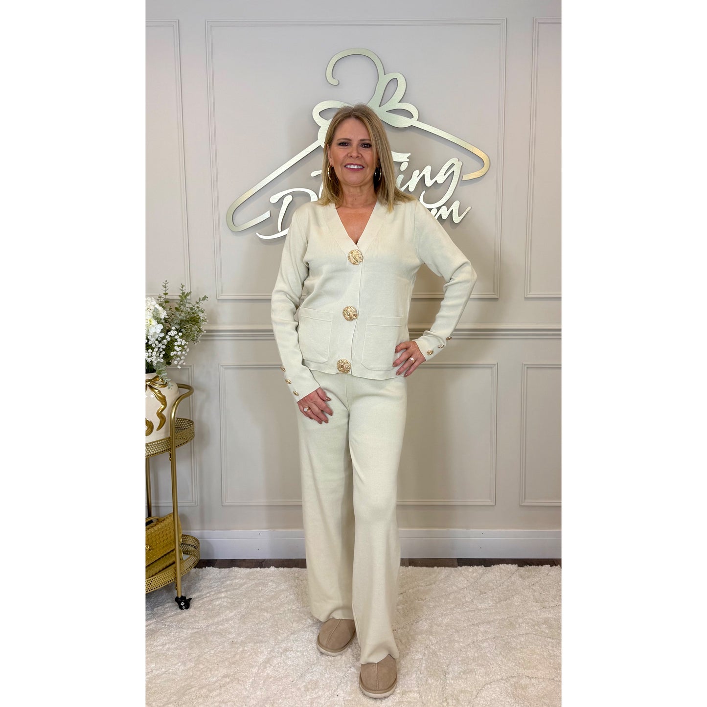 Gold Button Detail Knitted Loungesuit in Cream