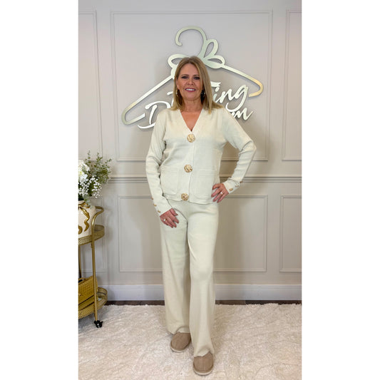 Gold Button Detail Knitted Loungesuit in Cream