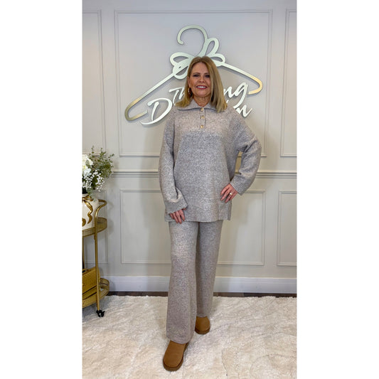 Ribbed Collared Gold Button Loungesuit in Oatmeal