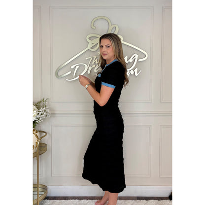 Denim Trim Midi Dress in Black