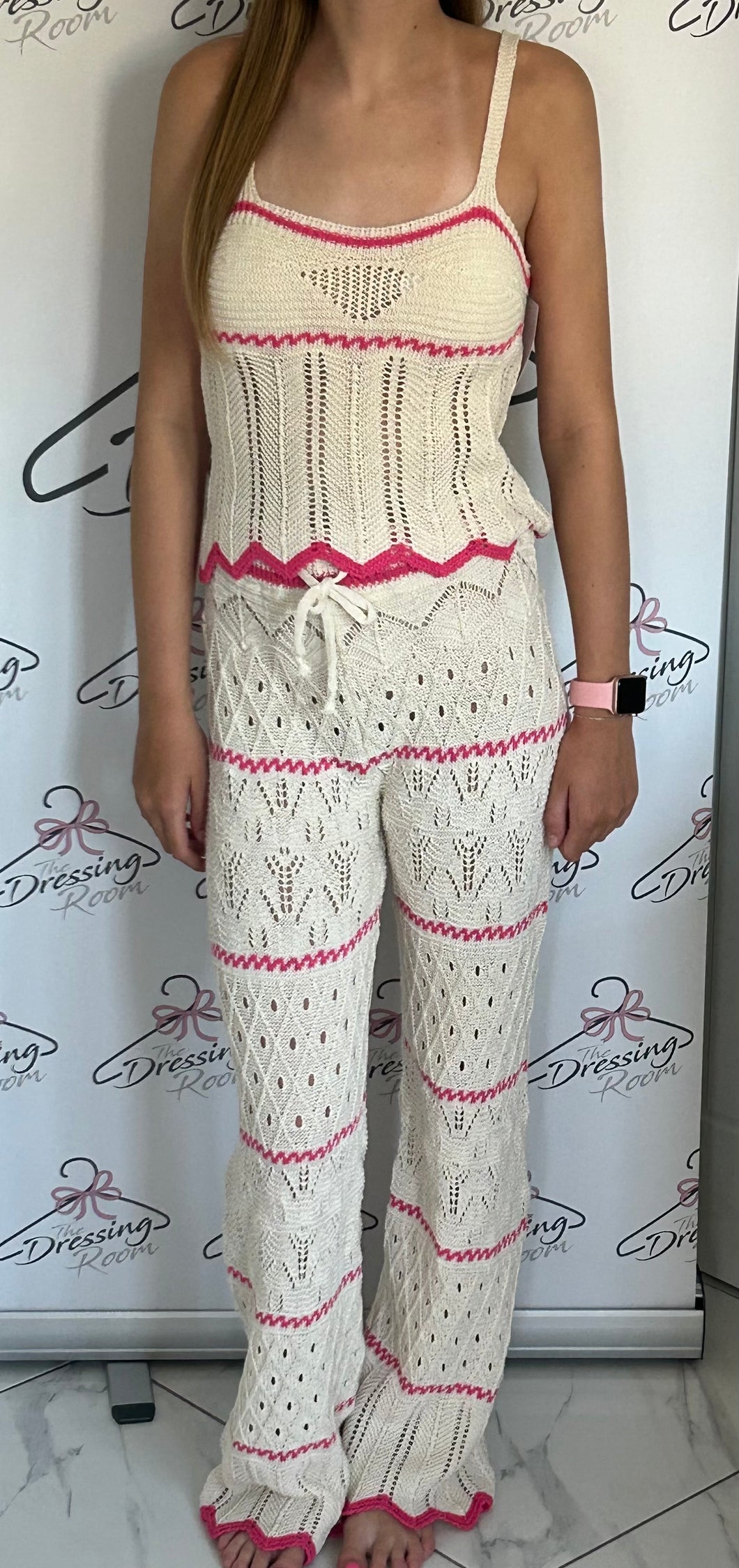 Cream and Pink Crochet Trouser Co-ord