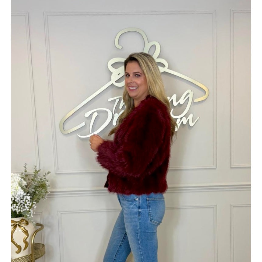 Fur Cardigan with Pearlised Buttons in Burgendy